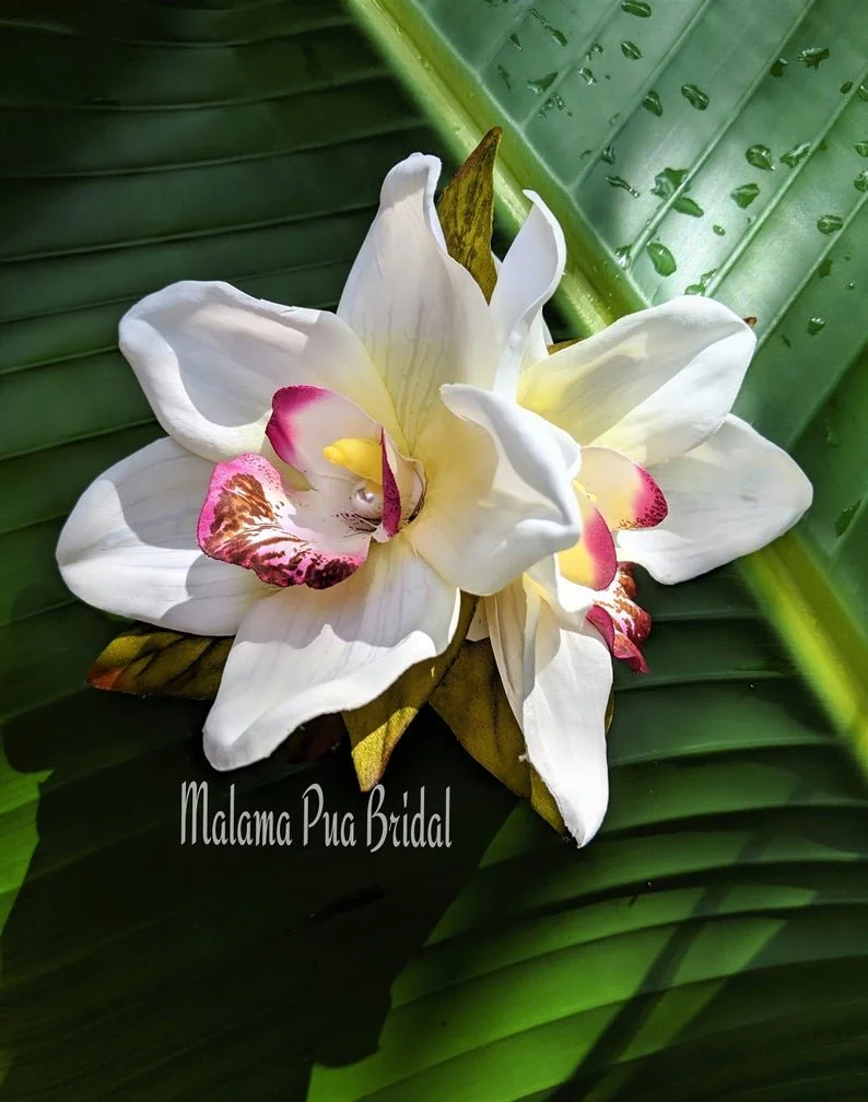 Tropical Silk white orchid Bridal hair clip with Pearls and